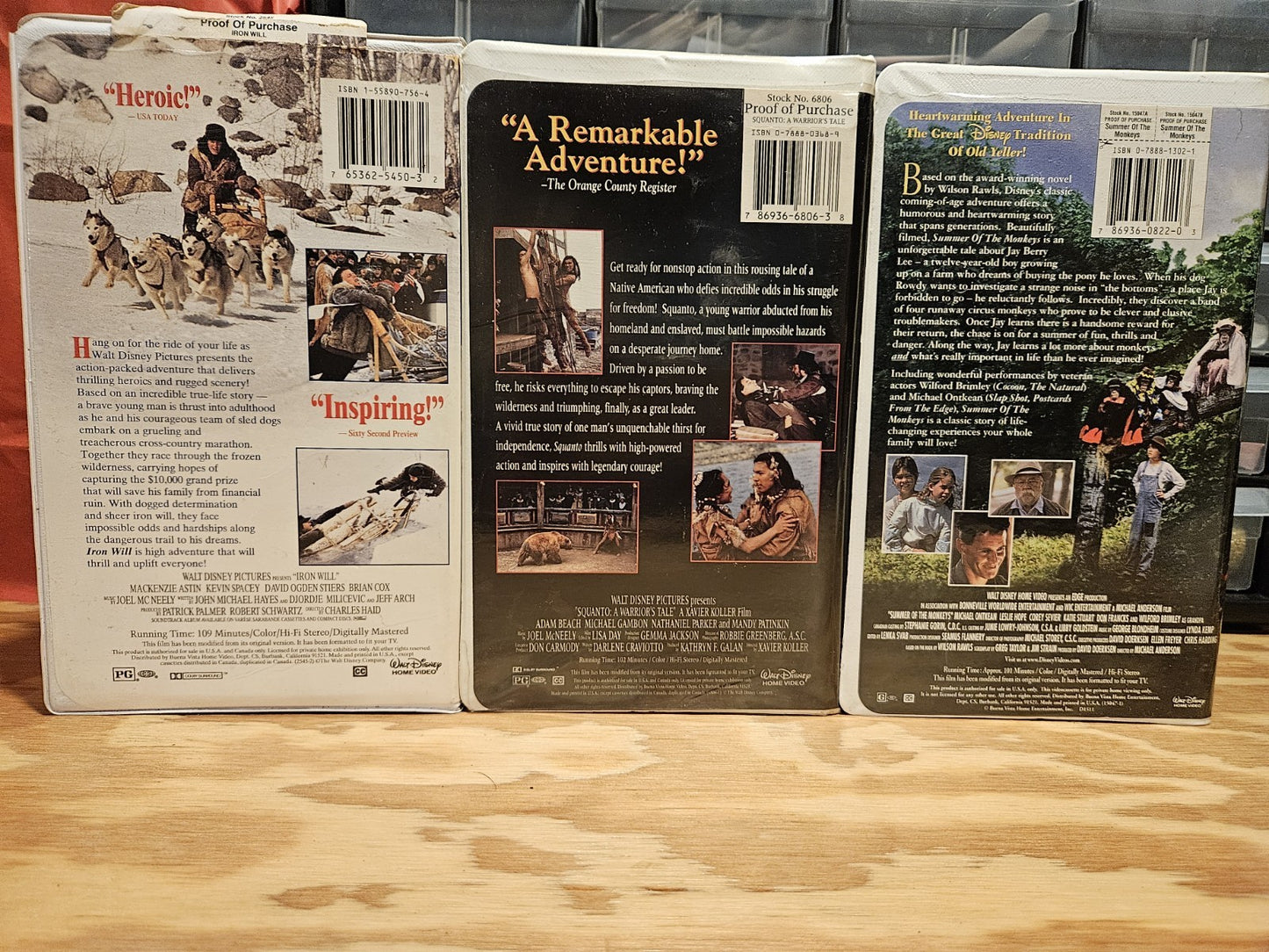 Disney Adventure 3 VHS Lot - Iron Will, Squanto Warriors Tale, Summer Of Monkeys