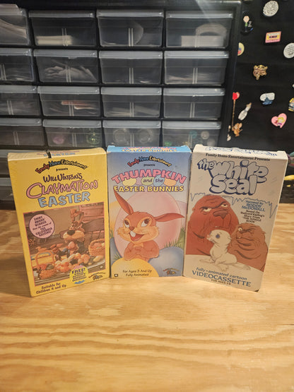 F.H.E, Family Home Entertainment VHS Set - Will Vinton's Claymation Easter (NEW/SEALED), Thumpkin and the Easter Bunnies, The White Seal