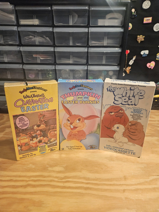 F.H.E, Family Home Entertainment VHS Set - Will Vinton's Claymation Easter (NEW/SEALED), Thumpkin and the Easter Bunnies, The White Seal